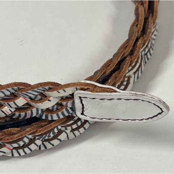 Fossil Belt Womens Braided Leather Gold Tone Buckle White Blue Navy Work Casual - Picture 3 of 8